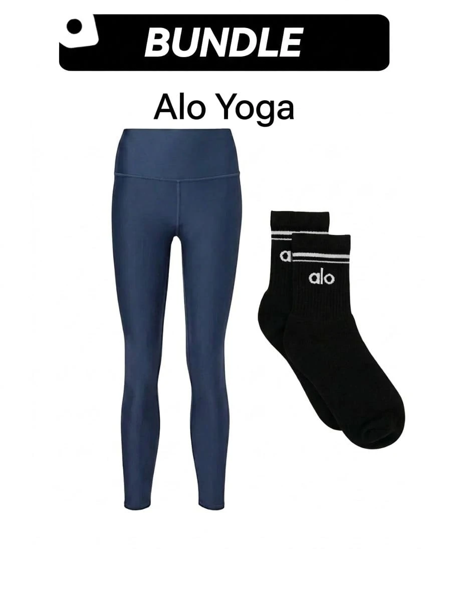 Alo Yoga Bộ đồ thể thao unisex gồm tất và quần legging cạp cao Alo Airlift 7/8 dành cho nữ, thấm hút mồ hôi, thoáng khí, giữ ấm, trang trí logo, màu trơn, độ co giãn tốt, dễ giặt, nhanh khô, thích hợp cho thể thao ngoài trời, chạy bộ, yoga, đi học hàng ngày. Màu đen, xanh navy A0480U-BLACK W51314r-Navy - Đen + Xanh hải quân - Xem 1