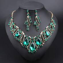 Luxury Red Rhinestone Jewelry Set, Gold Plated Teardrop Crystal Necklace & Earrings, Bold Statement Accessory For Evening & Bridal Events - 2 Piece Set - View 2