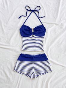 Conjunto de Regata de Malha Casual e Shorts Listrados Feminino, Conjunto de 2 Peças Elegante e na Moda, Adequado para Uso na Praia no Verão, Feito de Tecido de Malha Levemente Elástico para Uso Confortável - Azul - Visão 3