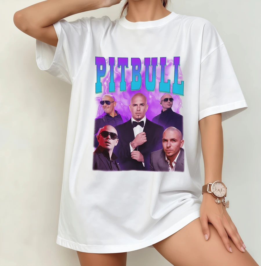 Pitbul Retro Hip Hop Collage T-Shirt | Gender-Neutral Oversized Music Fan Shirt White - White - View 1