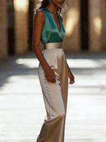 Bộ jumpsuit mới thanh lịch, màu trơn phối màu tương phản, kiểu đan chéo, đa năng, thích hợp mặc đi dự tiệc sinh nhật, hẹn hò, và mọi mùa hè. - màu xanh lá - Xem 2