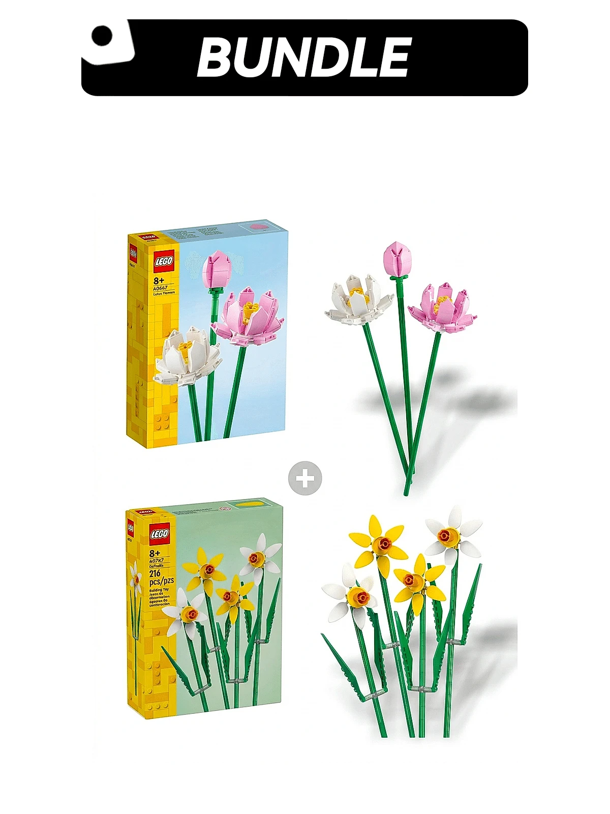 LEGO 莲花花束积木套装 – 220 片人造花，适用于家居装饰、音乐/婚礼季，是送给女性、青少年和爱花人士的理想礼物。40647+40747 水仙花儿童积木玩具 – 周年纪念春季积木套装，完美的家居装饰，音乐/婚礼季的理想之选，适合 8 岁及以上男孩女孩。 - 彩色 - 查看 1