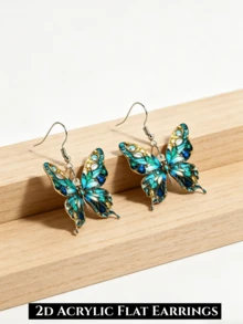 Bông tai mặt dây chuyền hình bướm xanh độc đáo 2D, thiết kế phẳng in trên acrylic, phù hợp để đeo hàng ngày và dự tiệc, món quà tinh tế. - Bươm bướm - Xem 8