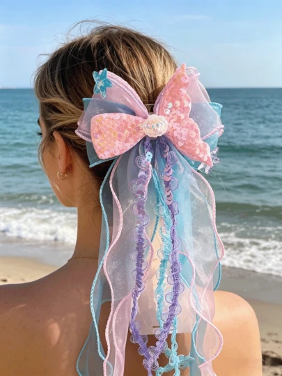 1pc Mermaid Princess Girls' Bow Hair Clip, Dreamy Tulle Hair Accessory, Girls' Birthday Performance