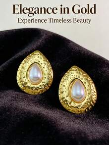 1/3pcs 18K Gold Plated Stainless Steel Vintage Pearl Earrings, Gold Baroque Style Pearl Earrings, Fashionable Geometric Oval Earrings, Anti-Oxidation & Hypoallergenic, Unique Asymmetrical Design, Suitable For Mother's Day, Valentine's Day, Party, Daily, Beach, Bridesmaid, Birthday & Holiday Jewelry Gift - Multicolor - View 11