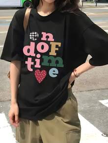 日系女款寬鬆街頭風圓領字母印花短袖T恤，夏季休閒黑色 - 黑色 - 查看 2