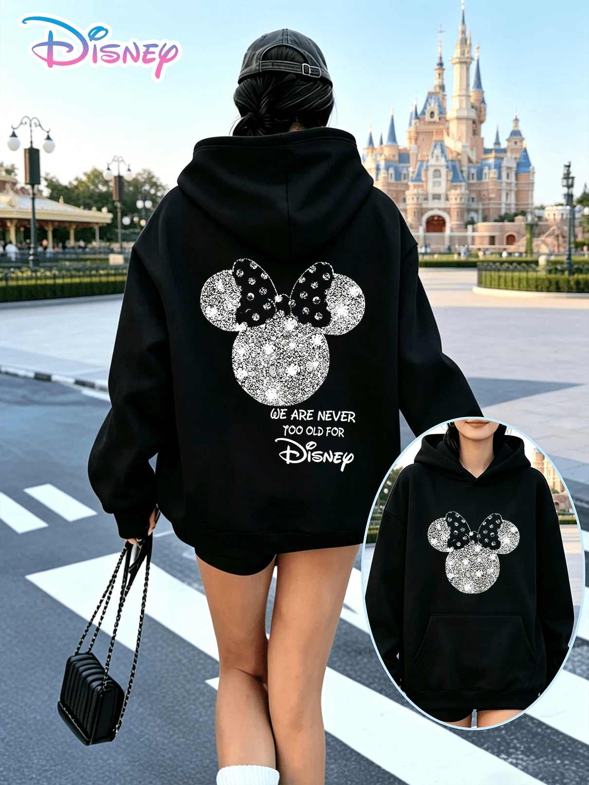 Disney's Sweet And Cool Minnie Mouse Series Y2K Printed Sweatshirt "We Are Never Too Old" Is A Fun, Loose-Fitting Top With A Casual Print. A Perfect Choice For A Casual And Versatile Holiday Gift. (Women's Autumn/Winter Clothing/Elegant Women's Outfits/Patterned Hoodies/Printed Tops/Casual Outfits For Women/Women Trending Now/Holiday Co-Ord/Plus Size Friendly) - 黑色 - 查看 1