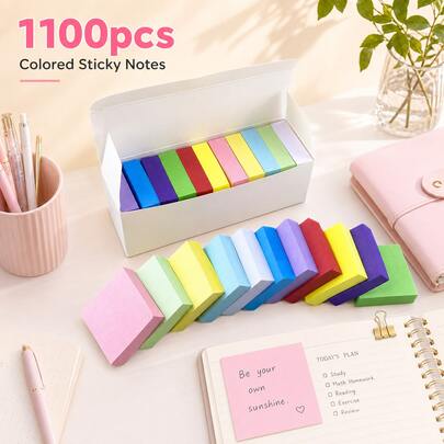 1,100pcs, 11 Colors Sticky Notes, 100pcs Double-Sided Offset Paper High Adhesive Memo Pads, Removable Self-Adhesive Notes Suitable For School, Office, Home Stationery