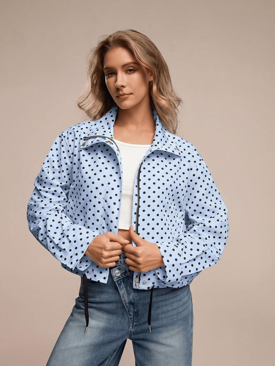 HZXVIC Women's New Contrast Color Polka Dot Casual Jacket, With Drawstring Zipper, Stand Collar, College Style, Spring Vacation