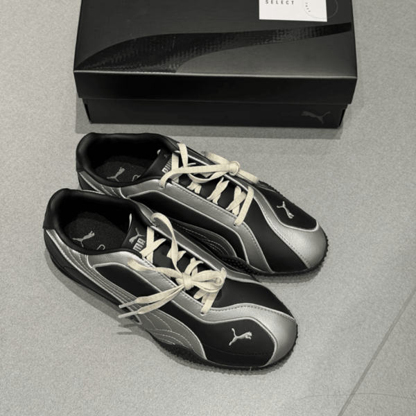  PUMA Bella V2 Leather 中国限定 春夏向け カップルスタイル ファッショナブルで合わせやすい レトロデザイン 快適なトレーニングシューズ ダブルシューレース 薄底 ローカット ライフスタイルカジュアルシューズ レディースモデル シルバー／ブラック プーマ