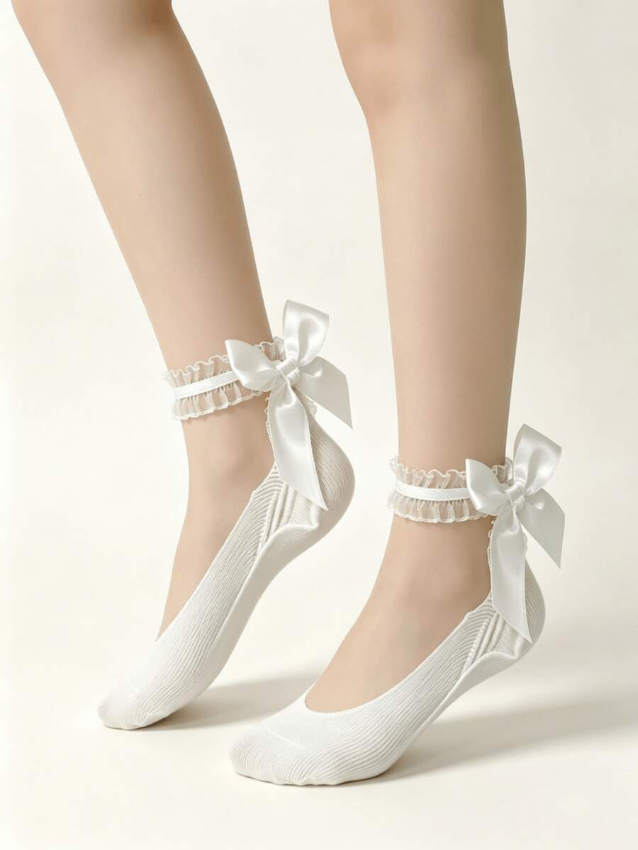 1/5 Pairs Spring/Summer New Sweet Ballet Lace Ruffle Bow Tie Silk Blend Boat Socks - Multicolor - View 1