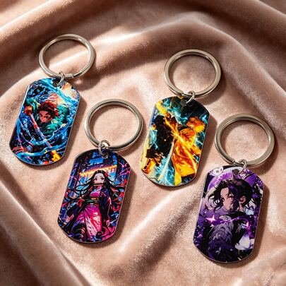 1pc Demon Slayer Anime Dog Tag Keychain, Tanjiro/Nezuko Zenitsu Shinobu Print Stainless Steel Key Ring, Bag Charm & Gift For Fans