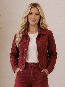 Women's Cropped Short Denim Jacket With Iron-On Button Hem - Mother's Day - 紫紅色 - 查看 6