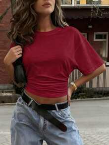 Plus Size New Fashionable Elegant Solid Color Casual Versatile Waist Ruched T-Shirt, Suitable For Daily, School, Beach, Vacation, And Home Wear Summer - Burgundy - View 3