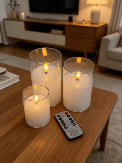 3 chiếc làm từ chất liệu acrylic trắng, thích hợp trang trí nhà cửa, trang trí ngày lễ, có chức năng điều khiển từ xa, hẹn giờ, nến điện tử, có thể tái sử dụng.