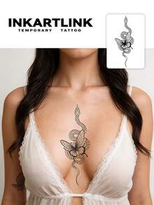 INKARTLINK 2pcs Dark Snake & Butterfly Decorative Temporary Waterproof Tattoos, Long-Lasting 1-2 Weeks, Botanical Juice Tattoos Suitable For Men & Women, Must-Have For People & Parties - Black - View 1