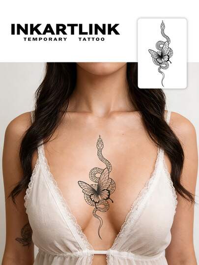 INKARTLINK 2pcs Dark Snake & Butterfly Decorative Temporary Waterproof Tattoos, Long-Lasting 1-2 Weeks, Botanical Juice Tattoos Suitable For Men & Women, Must-Have For People & Parties
