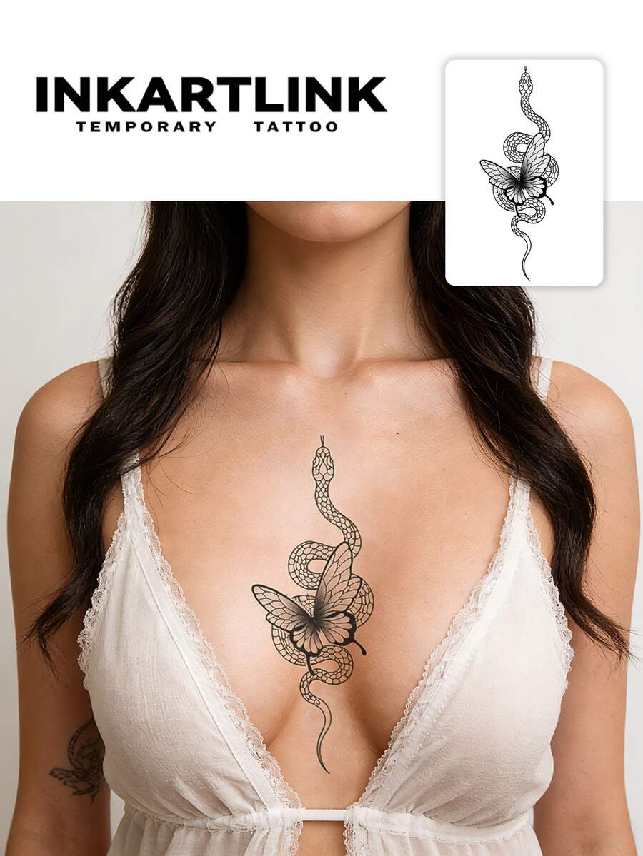 INKARTLINK 2pcs Dark Snake & Butterfly Decorative Temporary Waterproof Tattoos, Long-Lasting 1-2 Weeks, Botanical Juice Tattoos Suitable For Men & Women, Must-Have For People & Parties - Black - View 1