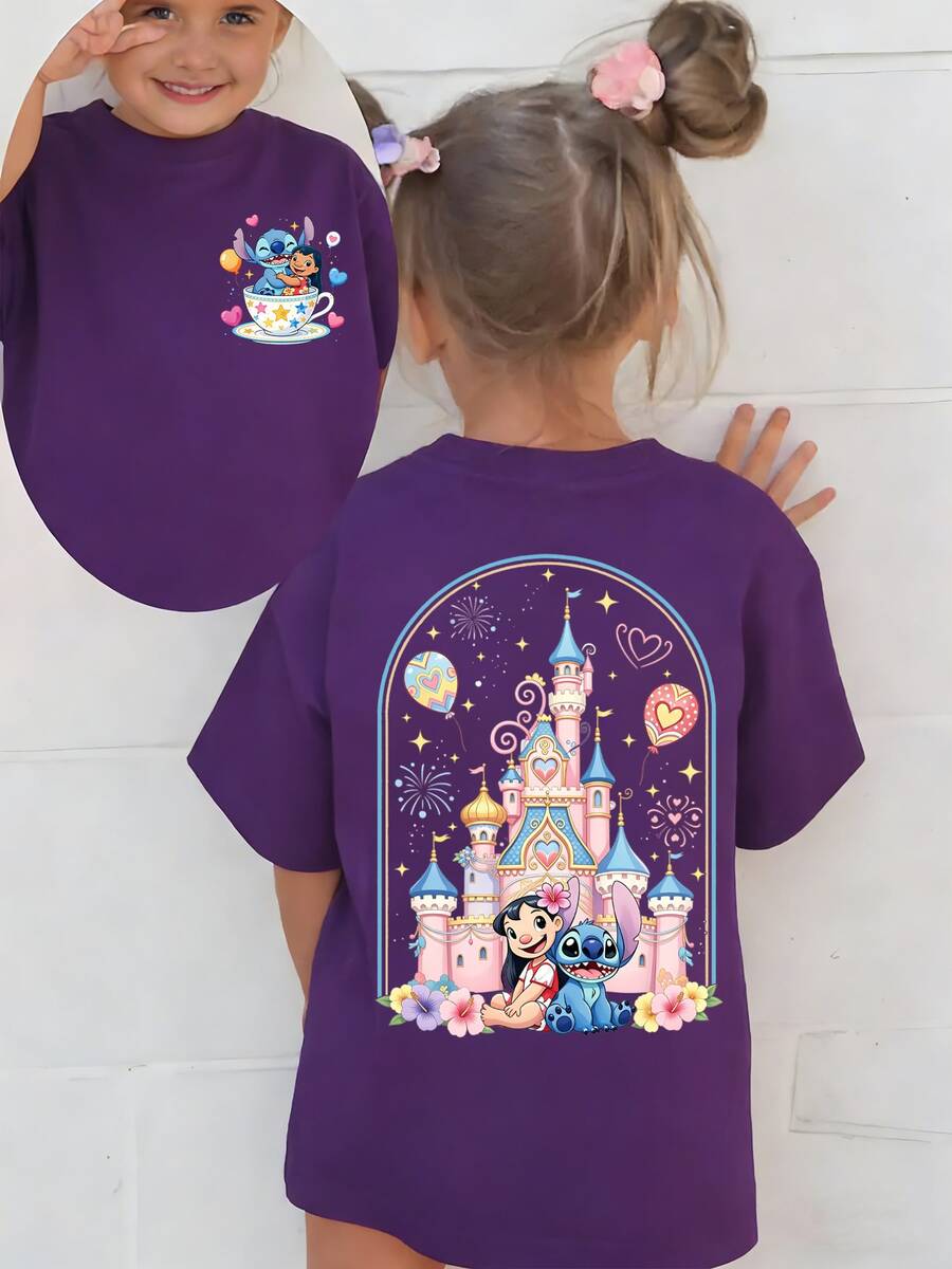 Disney Stitch And Lilo With Castle Double-Sided Printed Pattern T-Shirts For Girls - Children's Clothing Design Short-Sleeved Casual And Cute Style Comfortable And Casual Wear All Year Round Suitable For Parties And Play Machine Washable Gift Children's Clothing Girls' Short-Sleeved Shirts - 紫色 - 查看 1