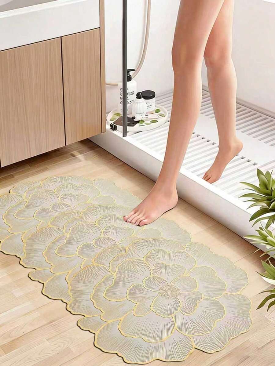 1pc Gold Trimmed Peony Pattern Silica Gel Bath Mat, Bathroom Rug, Door Mat, Small Carpet, Rug, Decorative Carpet, Area Rug, Outdoor Mat, Home Decor, Bedroom Carpet, Washable Carpet, Mother's Day Gift - Multicolor 3 - View 1