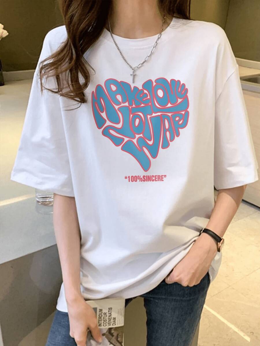 Camiseta de manga corta de verano de las señoras Top blanco Amor imprimir solto lindo casual