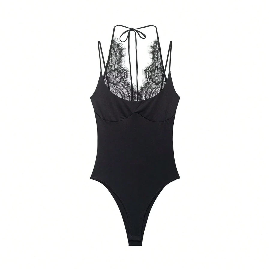 DEEKA Summer New Women's Fashion Sexy Interactive Lace Halter Bodysuits Black Elegant - màu đen - Xem 1