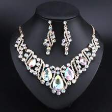 Luxury Red Rhinestone Jewelry Set, Gold Plated Teardrop Crystal Necklace & Earrings, Bold Statement Accessory For Evening & Bridal Events - 2 Piece Set - View 10