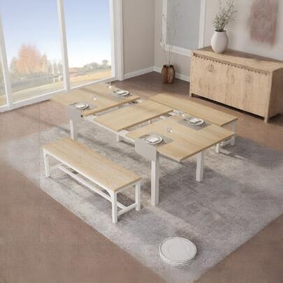 47.3''-63'' Extendable Rectangular Dining Table For 6, Modern Farmhouse Large Kitchen Table With Metal Legs, Space-Saving Dining Room Furniture For Apartments, Small Spaces