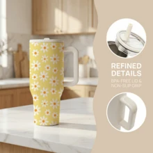 1pc 40oz Stainless Steel Insulated Tumbler With Handle And Straw, Daisy Print Cute Floral Pattern Insulated Cup, Double Wall Vacuum Insulated Cup Suitable For Hot And Cold Drinks, Large Capacity Coffee Cup For Women And Girls - White - View 3