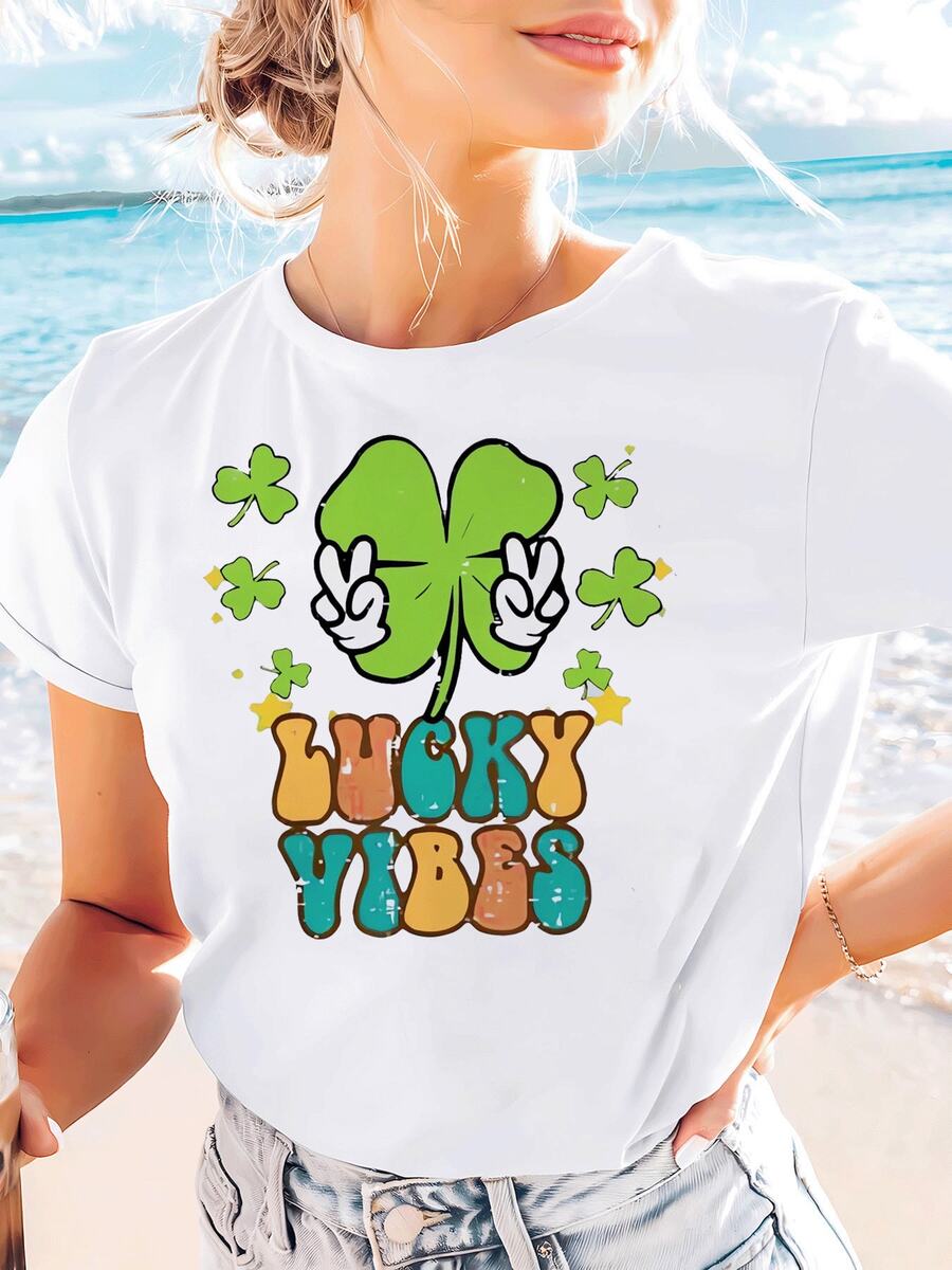 Camiseta de cuello de tripulación de manga corta con gráfico Shamrock, perfecta para verano y primavera, diseñada para mujeres