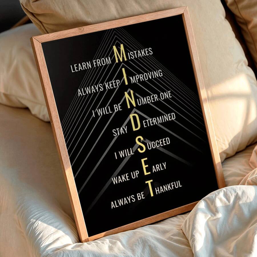 1 pieza Póster de arte de pared de lienzo inspirador con diseño "Mentalidad", perfecto para decoración motivacional en oficina, aula o dormitorio, gran regalo para familiares y amigos, agrega energía positiva a cualquier espacio, fondo negro con texto amarillo, estilo moderno de granja, adecuado para decoración de pared de dormitorio, sala de estar u oficina, arte de chica de moda, obra de arte motivacional, decoración del hogar, lienzo colgante de pared - A - Ver 1