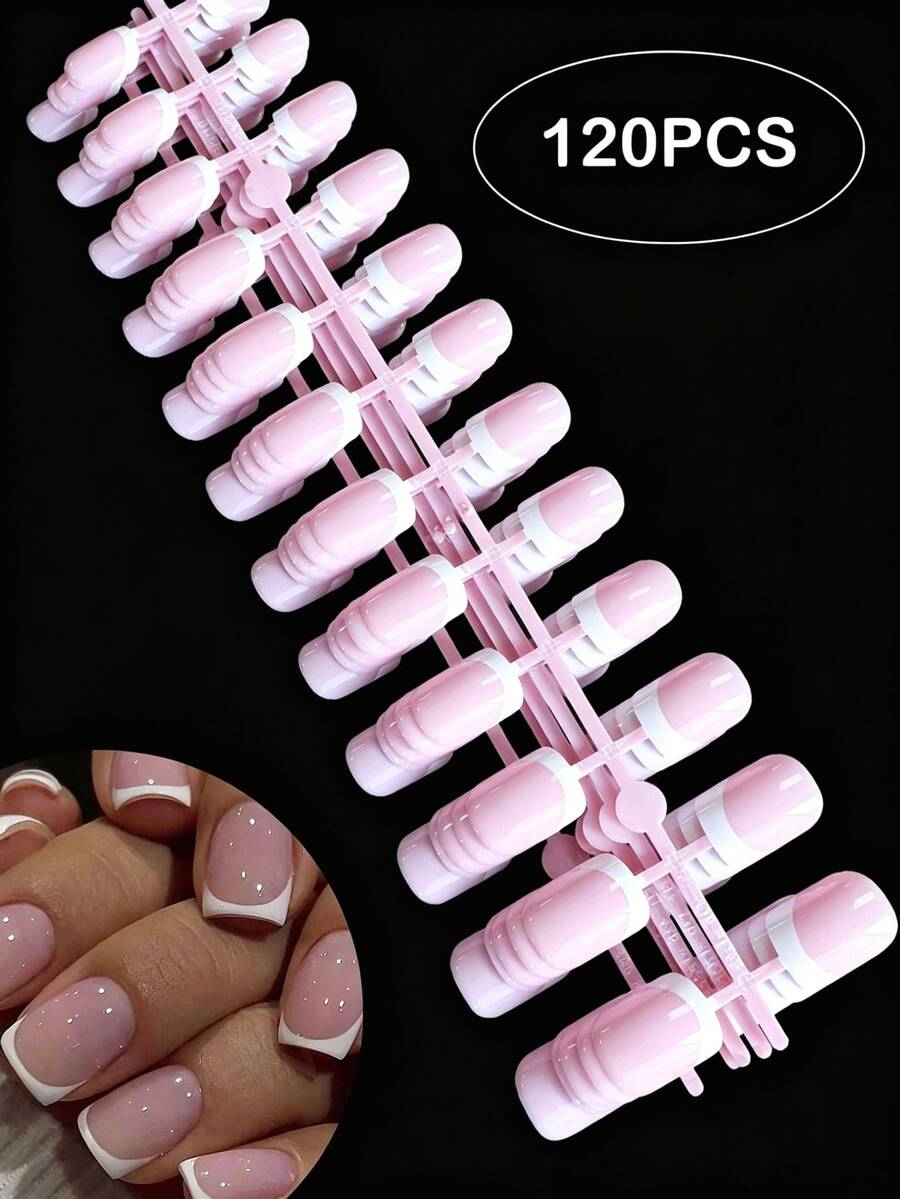 120 piezas Conjunto de uñas postizas francesas de cobertura total! Uñas falsas francesas, de cobertura total, adecuadas para mujeres y niñas, productos de uñas adhesivos de un solo uso. - Blanco - Ver 1
