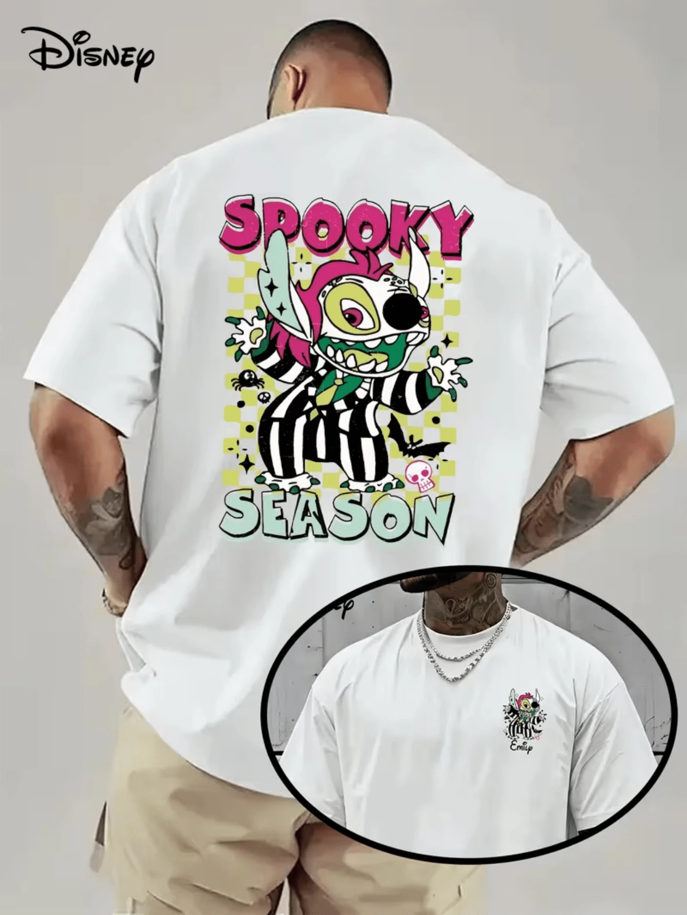 (Disney Licensed)Disney Lilo & Stitch Men's T-Shirt, "Spooky Season" BEETLEJUICE1 Stitch Graphic Tee, Oversized Crew Neck Short Sleeve Casual Streetwear T-Shirt, Halloween Stitch In Striped Outfit Print Men's Summer Top, Disney Officially Authorized Men's Short-Sleeved T-Shirts, Mens Clothes, Men, Ropa De Hombre, Summer Clothes, Men Shirts, Graphic Tees, Disney Outfits Men, Graphic Tees, Camisetas Para Hombre, Camisas Para Hombre, Summer Outfits For Men, Father's Day Gift, Perfect Gift For Family And Friends, Which Are Necessary For Birthday Parties, Disney Shirts, Mens Clothes, Summer Clothes, Officially Licensed Disney T-Shirts, Disney Men's And Women's Spring/Summer Fashion Casual Short-Sleeve T-Shirts - 白色 - 查看 1