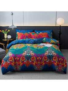 3 pièces Ensemble de housse de couette style bohème - Tissu en polyester doux et respirant, avec fermeture éclair - Comprend 1 housse de couette et 2 taies d'oreiller avec imprimés aléatoires (sans remplissage) - Bohême - Voir 15