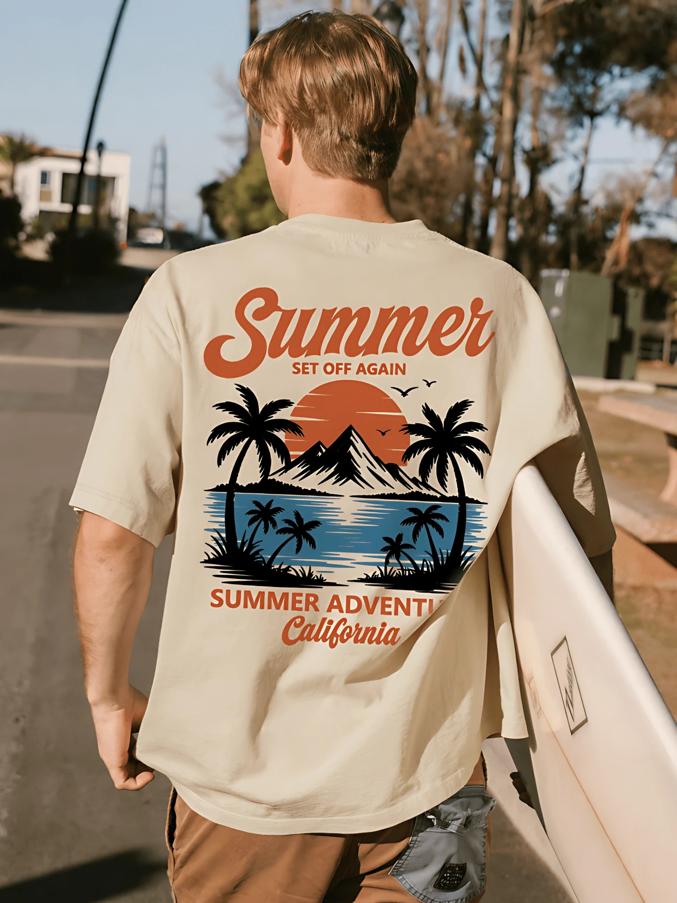 Double-Sided Print Men's "Summer Set Off Again California Adventure" Retro Palm Graphic T-Shirt, Casual Summer Quote Tee, Breathable Cotton Sunset & Mountain Print, Vacation Gift Idea, Urban Fashion Top, All-Match Base Shirt, Comfortable Daily Wear - Màu be - Xem 1