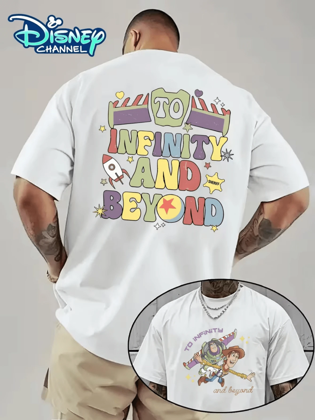 (Disney Licensed)Disney Toy Story Men's T-Shirt, "To Infinity And Beyond" Retro Text Graphic Tee, Oversized Crew Neck Short Sleeve Casual Streetwear T-Shirt, Vintage Colorful Letters With Space Theme Print Men's Summer Top, Disney Officially Authorized Men's Short-Sleeved T-Shirts, Mens Clothes, Men, Ropa De Hombre, Summer Clothes, Men Shirts, Graphic Tees, Disney Outfits Men, Graphic Tees, Camisetas Para Hombre, Camisas Para Hombre, Summer Outfits For Men, Father's Day Gift, Perfect Gift For Family And Friends, Which Are Necessary For Birthday Parties, Disney Shirts, Mens Clothes, Summer Clothes, Officially Licensed Disney T-Shirts, Disney Men's And Women's Spring/Summer Fashion Casual Short-Sleeve T-Shirts - White - View 1