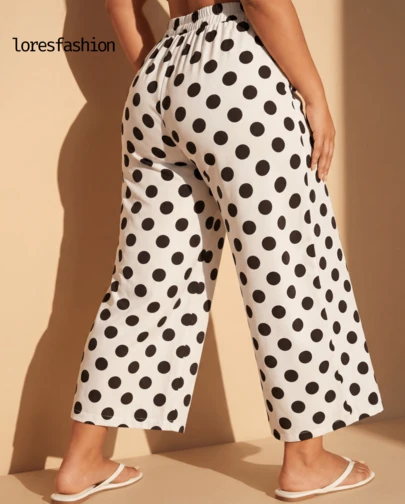 Pantalón  polcas bolas    para Mujer de Pierna Ancha con Cintura Alta Elástica y Pretina Ancha con bolsillo , Diseño Suelto y Fluido que Estiliza la Figura, Estampado de Lunares Grandes Moderno y Elegante, Tela de Rayón Ligera, Suave, Transpirable y de Alta Calidad que No se Arruga ni Hace Bolitas, Pantalón Largo Cómodo con Bolsillos Laterales y Ajuste Relajado, Ideal para Vacaciones, Playa, Paseos, Compras o Uso Diario, Look Casual Chic Versátil para Primavera, Verano y Otoño, Fácil de Combinar con Camisetas, Tops, Blusas o Sandalias, Prenda Femenina Moderna que Aporta Frescura, Movimiento y Estilo en Cualquier Ocasión