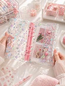 1个A6透明星形双扣设计软皮大容量笔记本套装,适用于K-POP专辑、相册、3D贴纸、集邮册、贴纸书、日记本、文件袋、存钱罐、笔记本、计划本等。 - A6 - 查看 3