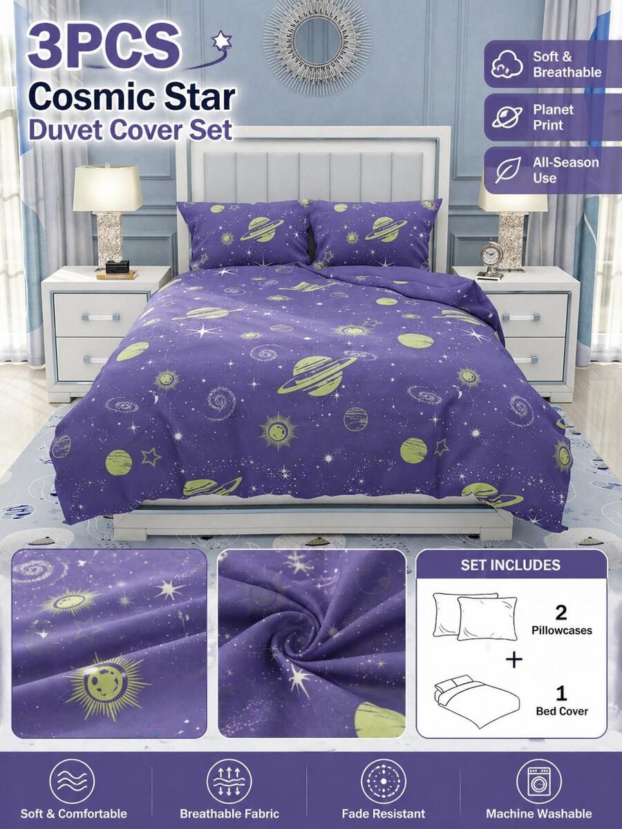 3pcs/Set INS Style Universe & Starry Sky Print Duvet Cover Set (1 Duvet Cover + 2 Pillowcases, Comforter Not Included), Soft & Breathable Planet & Constellation Pattern Bedding, Suitable For Bedroom And Guest Room, All Season - Multicolor - View 1