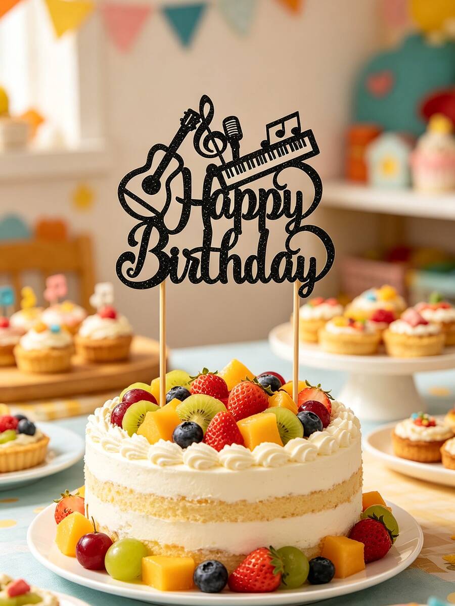 1pc Music Instrument Cake Topper, Guitar Piano "Happy Birthday" Cake Decoration, Suitable For Music Themed Birthday Party - Cake Topper - View 1