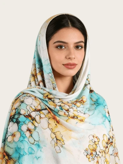 1 pieza Pañuelo de cabeza suave con estampado digital sedoso para mujer, hijab para mujer, pañuelo largo casual árabe, pañuelo de cabeza de unicolor, adecuado para el uso diario en Oriente Medio como accesorio de abaya