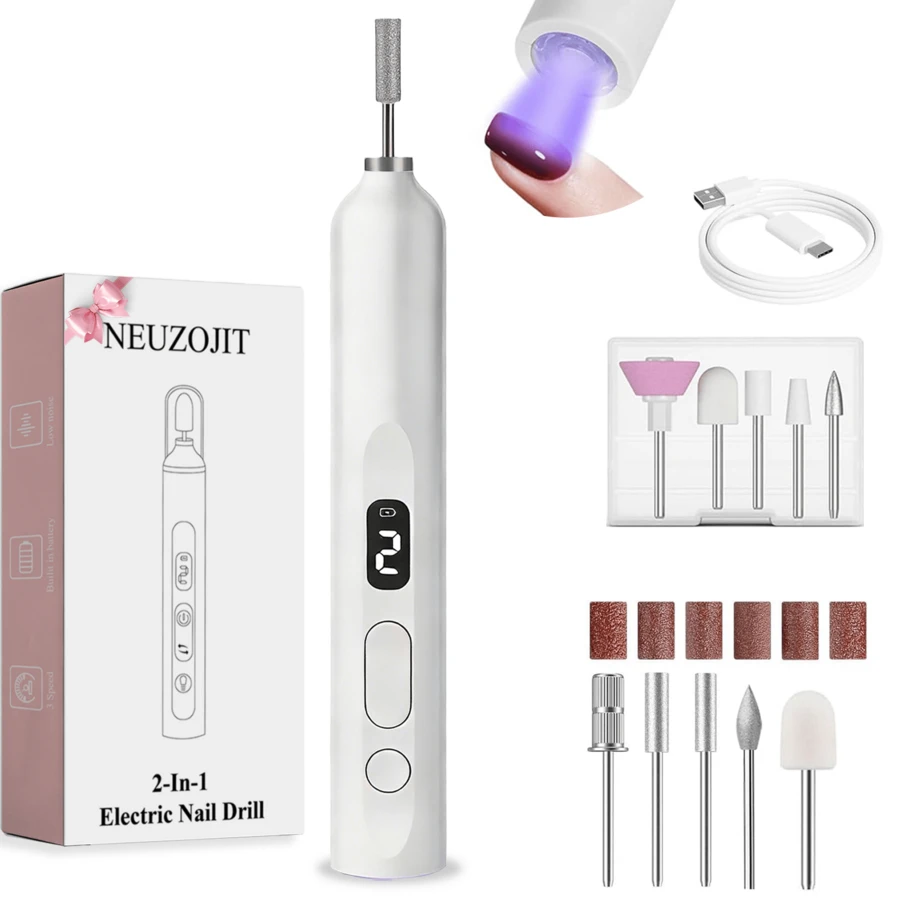 NEUZOJIT Electric Nail Drill, Mini Nail Drill USB Machine With 10 PCS Drills Bits & Sanding Bands,Manicure Art Pen Remove Polisher, Gel Nail Drill For Acrylic, Manicure Pen Sander Polisher, Cuticle Removal, Suitable For Women Home Or Nail Salon Use, Beginner-Friendly - 白色 - 查看 1