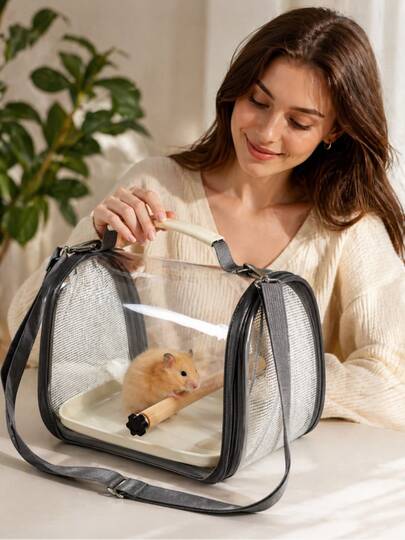 1 Set Pet Carrier With Handle, Includes Wooden Stick, Tray, Double-Sided Breathable Mesh, Transparent Window, Easy To Clean, Suitable For Veterinary Visits And Travel, Applicable For Birds, Rabbits, Parrots, Lizards, Hamsters