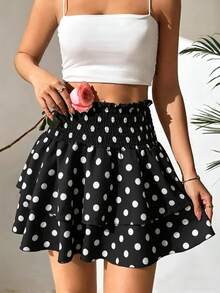 Chân váy ngắn xếp tầng họa tiết chấm bi phong cách bohemian dành cho nữ, chất liệu vải dệt, hoàn hảo cho mùa hè. - màu đen - Xem 5