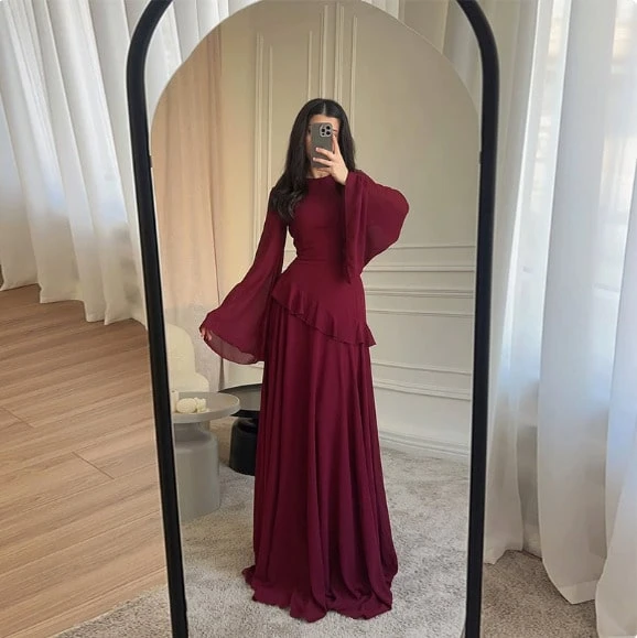 Nuevo vestido de manga larga con cuello redondo de alta costura de estilo puramente erótico - Burdeos - Ver 1