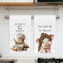 2pcs Cute Cooking Cat & Pig Pattern Kitchen Towels, Soft Polyester Dish Cloths, Suitable For Kitchen Decor, Cleaning, Holiday Party Decoration, Kitchen & Bathroom Essentials, Home Decor, Housewarming Gift - Multicolor - View 2