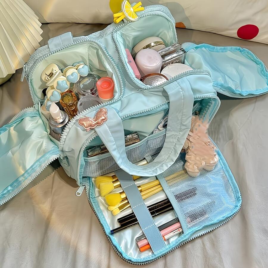 大容量蓬松化妆包,透明网眼设计,Y2K糖果色多功能女士旅行手提包,便携式洗漱包,旅行必备,书包/度假包,返校用品,女士旅行包,化妆包,收纳包 - 雙開口 - 查看 1