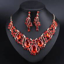 Luxury Red Rhinestone Jewelry Set, Gold Plated Teardrop Crystal Necklace & Earrings, Bold Statement Accessory For Evening & Bridal Events - 2 Piece Set - View 19