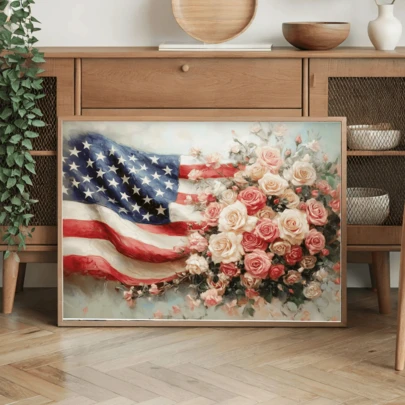 1 Pc, Canvas Wall Art, Framed Wall Decor, Minimalist Vintage Spring American Print, Floral American Flag Design, Independence Day Home Decor, Patriotic Farmhouse Decor, Rustic Cottage, July 4th Flag Decor, Wall Art, Poster, Framed Wall Art, Room Decor, Bedroom Decor, Room Decor, Poster, Wall Decor, Bathroom Decor, Living Room Decor, Kitchen Decor - Canvas (Opt