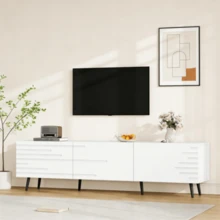 TV Stand Measuring 180 X 40 X 48 Cm With 3 Hinged Doors, Low Style, TV Stand, Cabinet, Living Room Furniture, Patterned Design, White Color, Suitable For TVs Up To 80 Inches, Large Storage Space, Made Of MDF. - 白色 - 查看 5